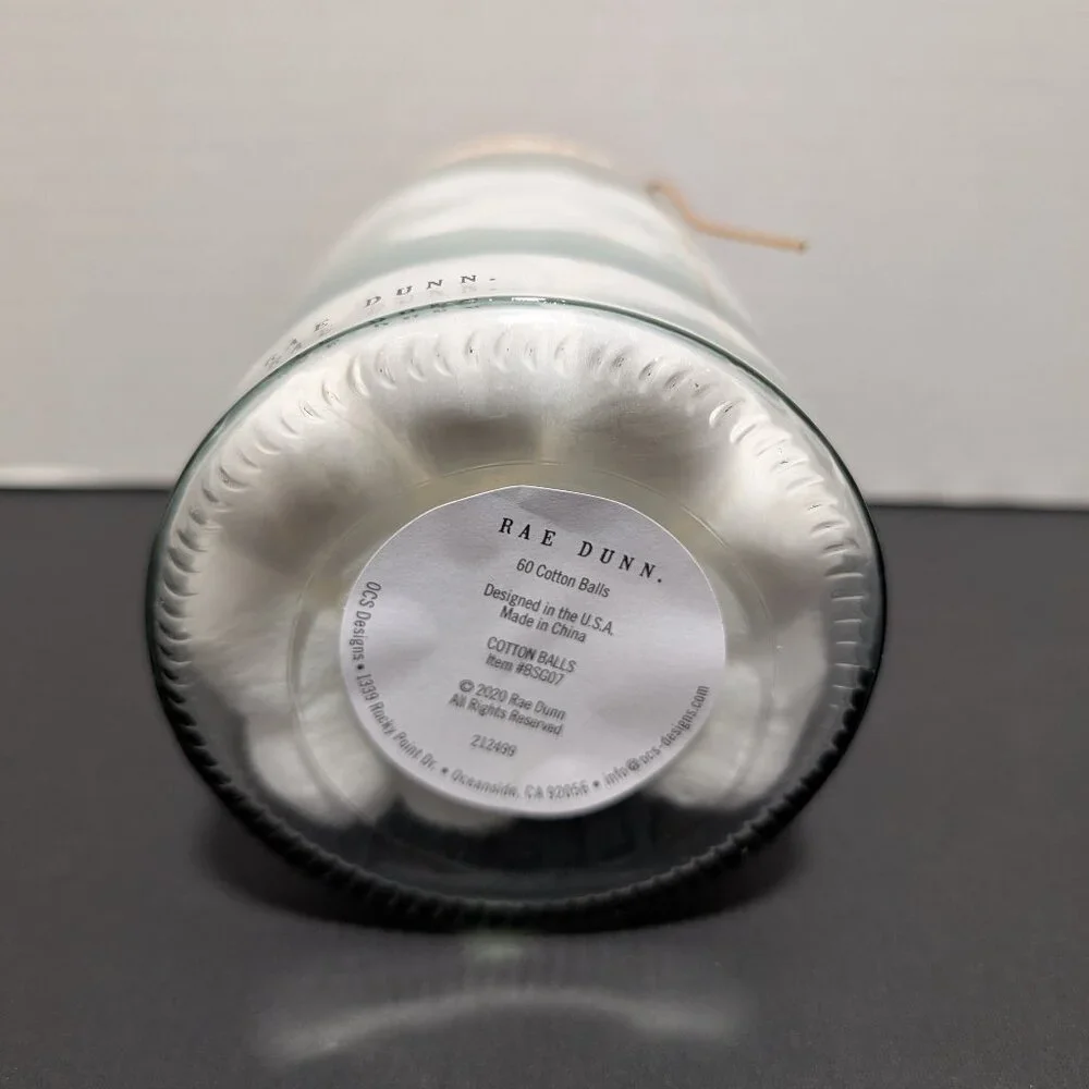 Rae Dunn 2020 Cotton Balls Clear Glass Jar Wooden‎ Lid New Bathroom Canister